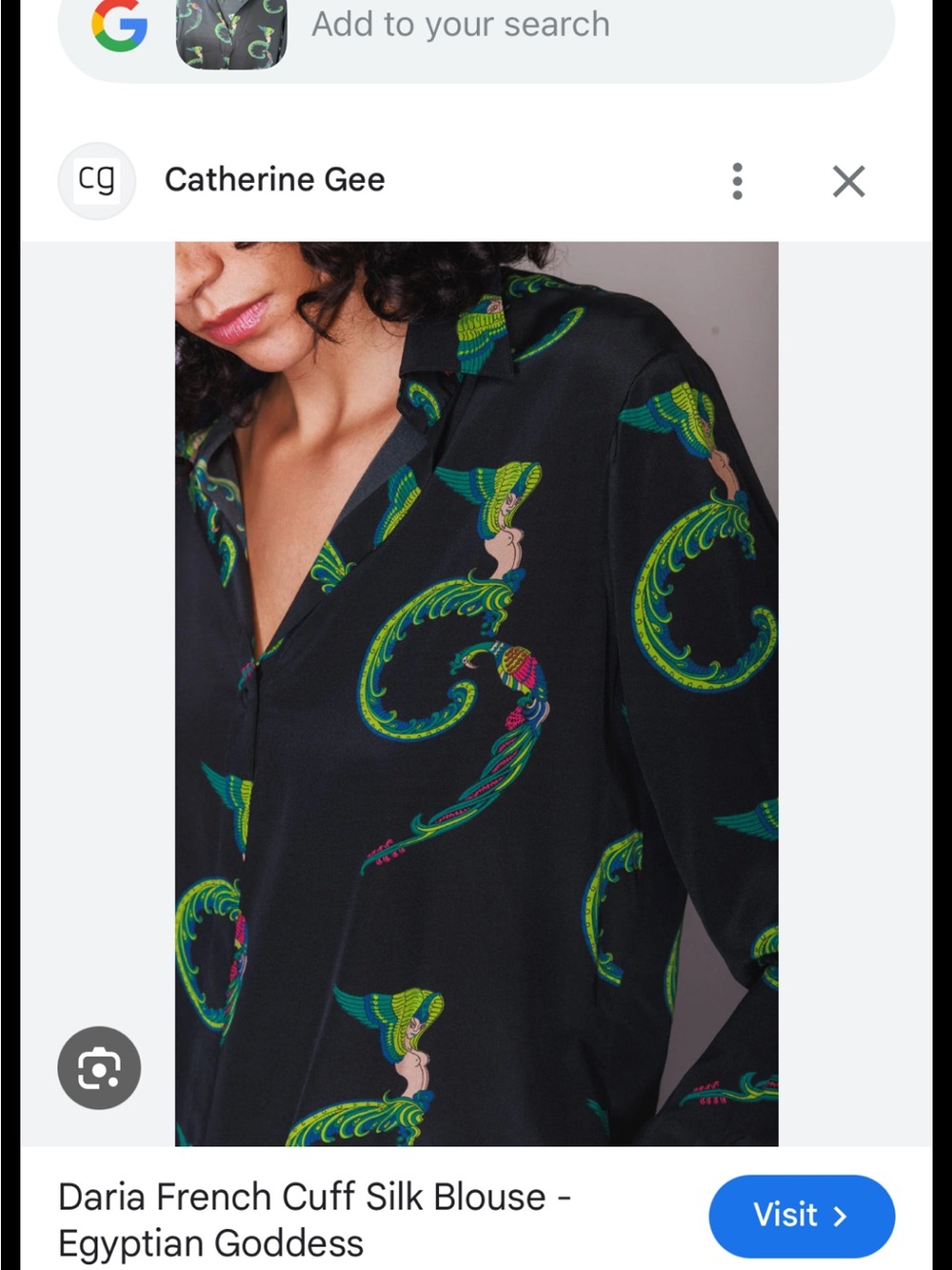 Catherine Gee Daria French Cuff Silk Blouse — Black with Green Print - Picture 2 of 11